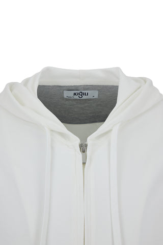  Beyaz Regular Fit Kapüşonlu Fermuarlı Cepli Sweatshirt Hırka