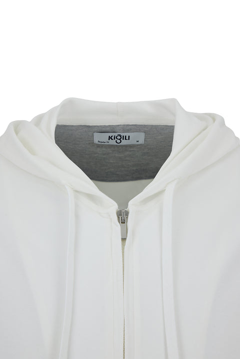 Beyaz Regular Fit Kapüşonlu Fermuarlı Cepli Sweatshirt Hırka