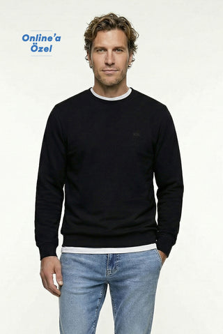  Siyah Bisiklet Yaka Regular Fit Pamuklu Basic Sweatshirt