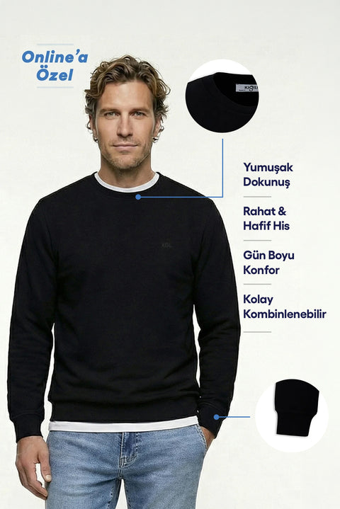 Siyah Bisiklet Yaka Regular Fit Pamuklu Basic Sweatshirt