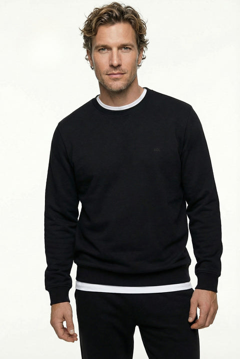Black Crew Neck Regular Fit Cotton Basic Sweatshirt