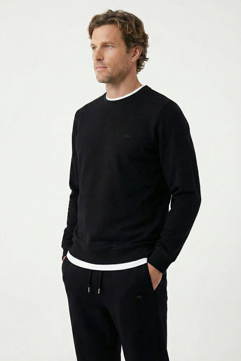 Black Crew Neck Regular Fit Cotton Basic Sweatshirt