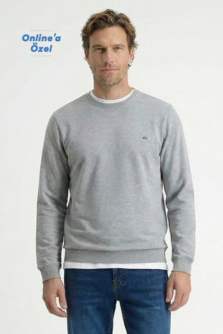  Orta Gri Melanj Bisiklet Yaka Regular Fit Pamuklu Basic Sweatshirt