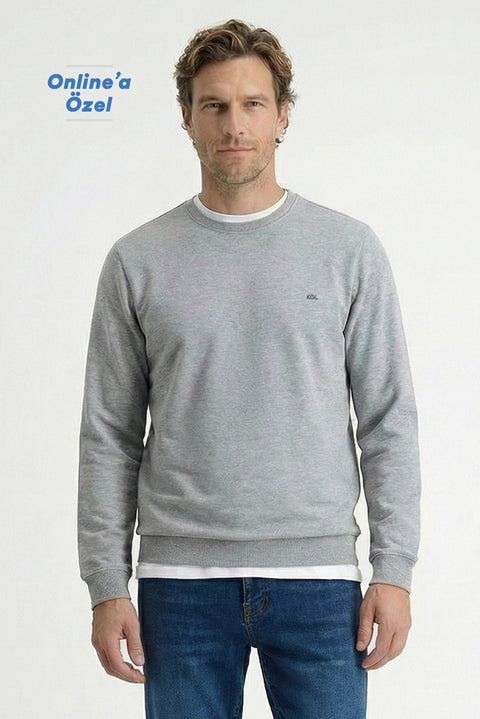 Medium Grey Melange Crew Neck Regular Fit Cotton Basic Sweatshirt