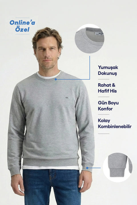 Orta Gri Melanj Bisiklet Yaka Regular Fit Pamuklu Basic Sweatshirt