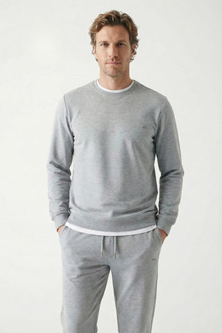  Orta Gri Melanj Bisiklet Yaka Regular Fit Pamuklu Basic Sweatshirt