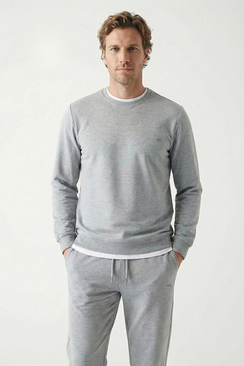 Medium Grey Melange Crew Neck Regular Fit Cotton Basic Sweatshirt