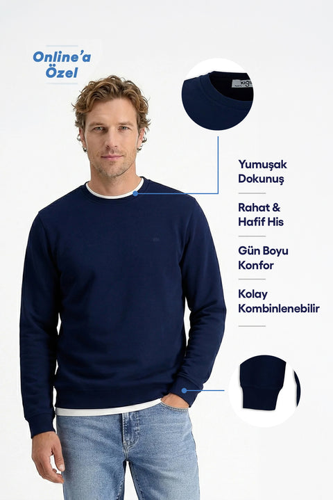 Dark Navy Crew Neck Regular Fit Cotton Basic Sweatshirt