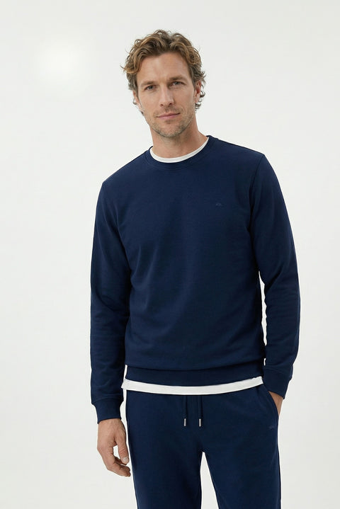 Koyu Lacivert Bisiklet Yaka Regular Fit Pamuklu Basic Sweatshirt