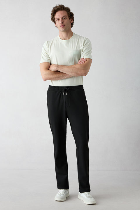Black Elasticated Waist Drawstring Pocketed Lycra Sweatpants