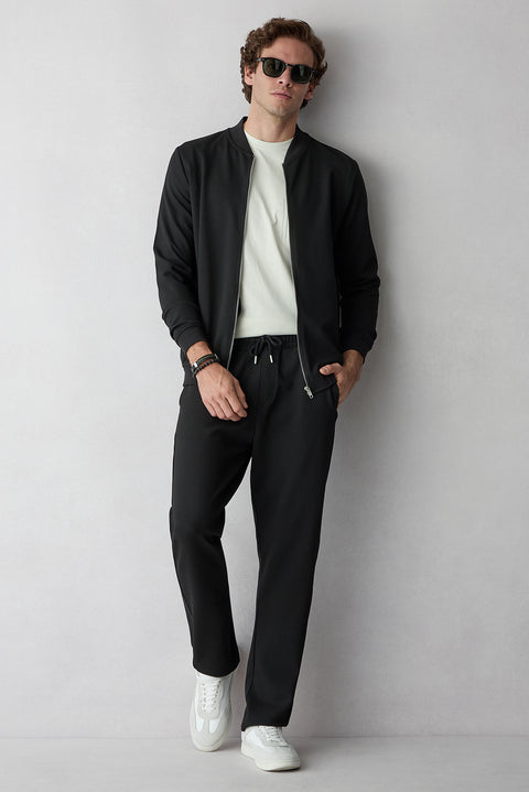 Black Elasticated Waist Drawstring Pocketed Lycra Sweatpants