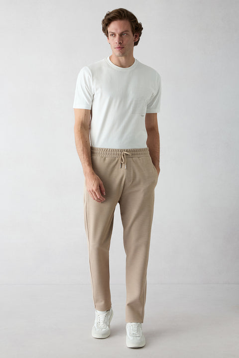 Light Beige Elasticated Waist Drawstring Pocketed Lycra Sweatpants