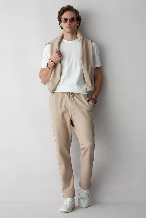 Light Beige Elasticated Waist Drawstring Pocketed Lycra Sweatpants