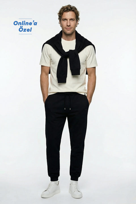 Siyah Beli Lastikli İpli Cepli Pamuklu Sweatpant / Eşofman Altı