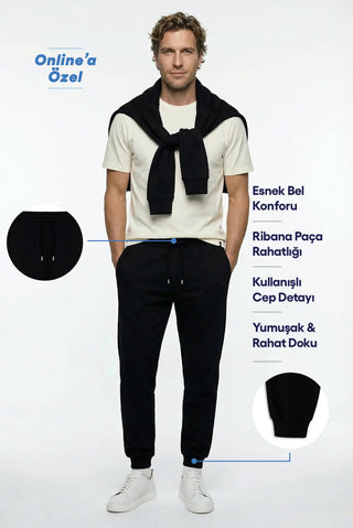  Siyah Beli Lastikli İpli Cepli Pamuklu Sweatpant / Eşofman Altı