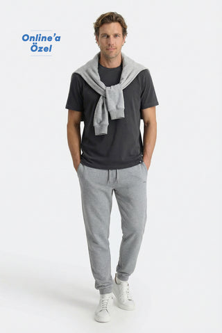  Orta Gri Melanj Beli Lastikli İpli Cepli Pamuklu Sweatpant / Eşofman Altı