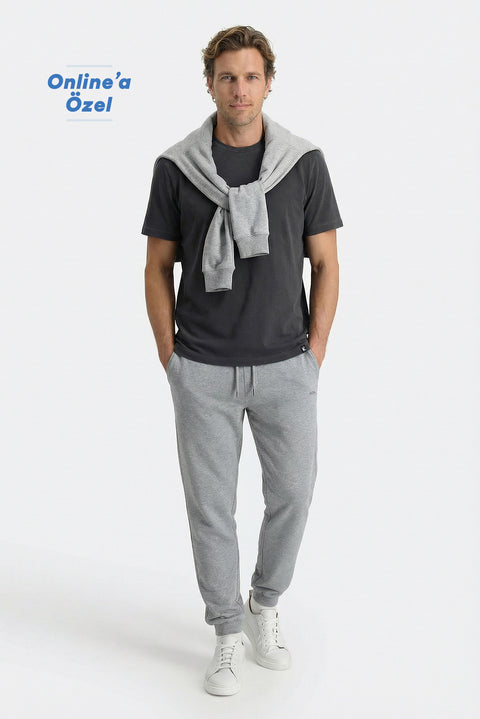 Orta Gri Melanj Beli Lastikli İpli Cepli Pamuklu Sweatpant / Eşofman Altı