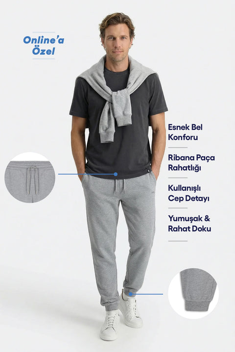 Orta Gri Melanj Beli Lastikli İpli Cepli Pamuklu Sweatpant / Eşofman Altı