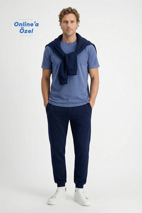 Dark Navy Blue Elasticated Waist Drawstring Pocketed Cotton Sweatpants