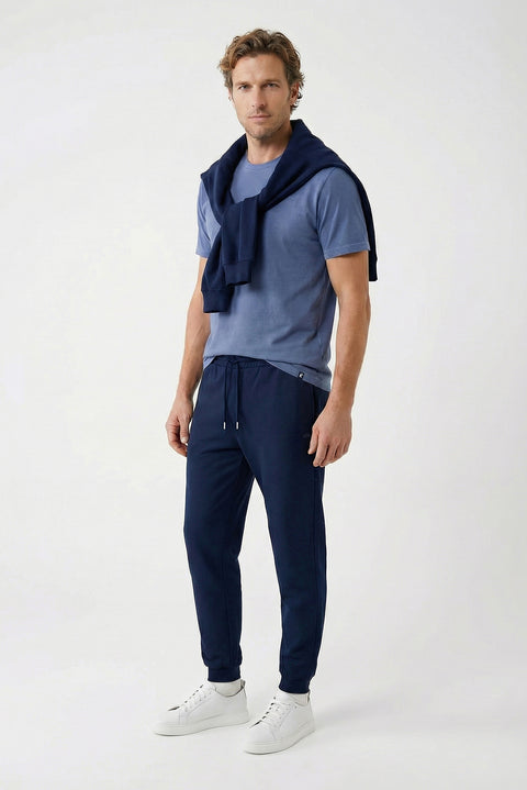 Dark Navy Blue Elasticated Waist Drawstring Pocketed Cotton Sweatpants
