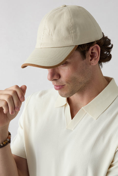 Light Beige Embroidered Linen Hat