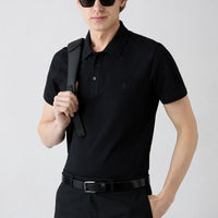 Black Non-Curl Polo Collar Slim Fit Narrow Cut Ribbed Detail Cotton T-Shirt