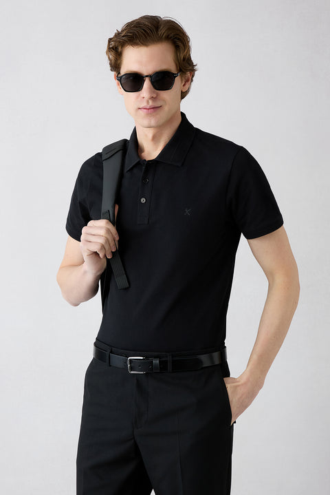 Black Non-Curl Polo Collar Slim Fit Narrow Cut Ribbed Detail Cotton T-Shirt