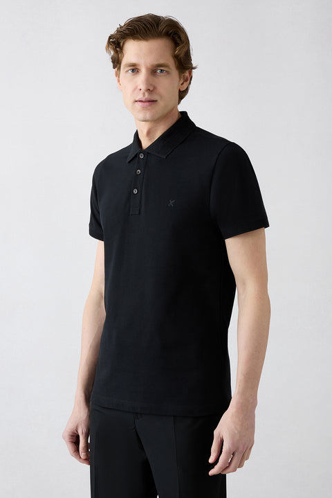 Black Non-Curl Polo Collar Slim Fit Narrow Cut Ribbed Detail Cotton T-Shirt