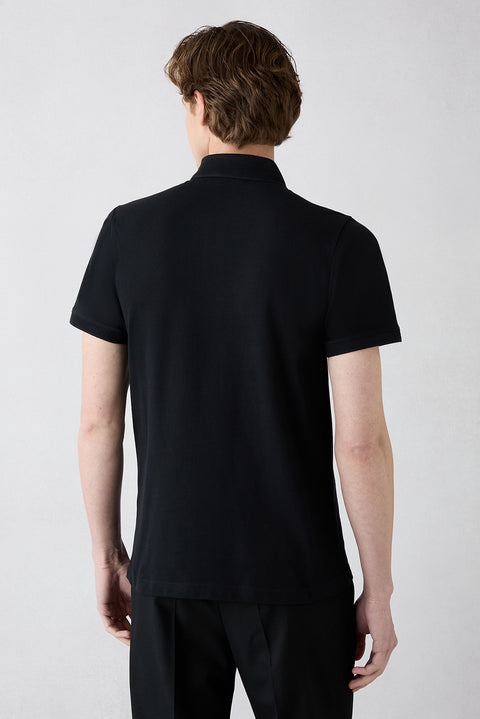 Black Non-Curl Polo Collar Slim Fit Narrow Cut Ribbed Detail Cotton T-Shirt