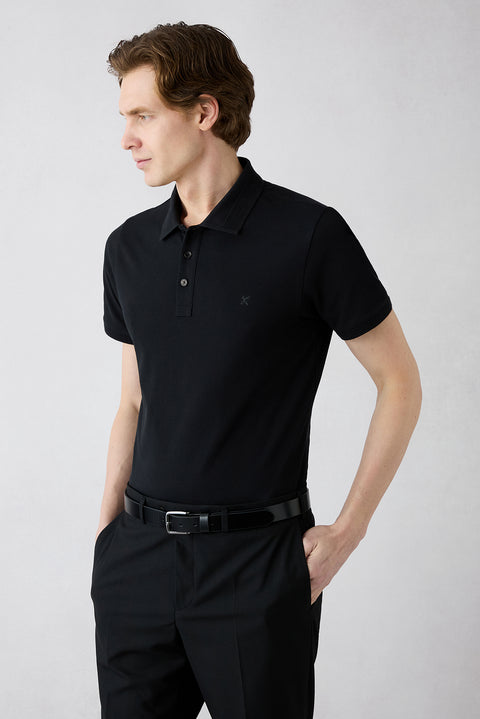 Black Non-Curl Polo Collar Slim Fit Narrow Cut Ribbed Detail Cotton T-Shirt