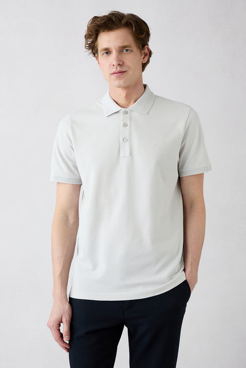 Light Gray Wrinkle-Free Polo Neck Slim Fit Ribbed Cotton T-Shirt