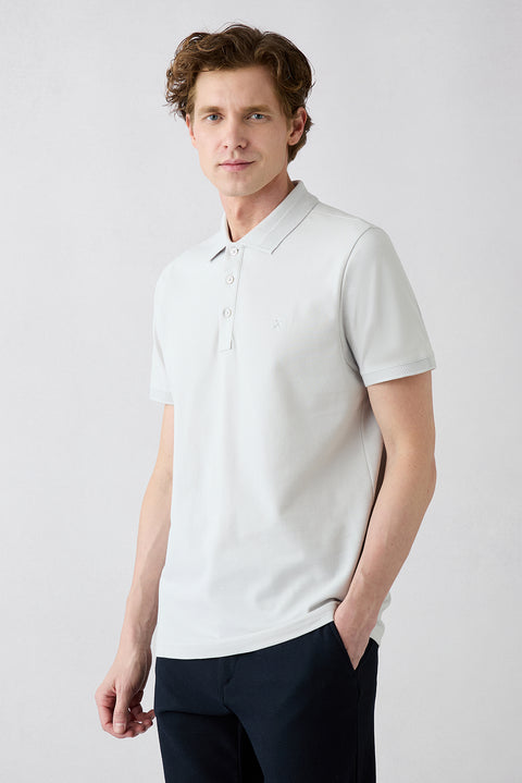 Light Gray Wrinkle-Free Polo Neck Slim Fit Ribbed Cotton T-Shirt