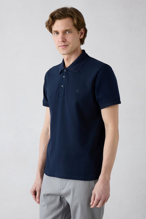 Koyu Lacivert Kıvrılmaz Polo Yaka Slim Fit Dar Kesim Ribana Detaylı Pamuk Tişört