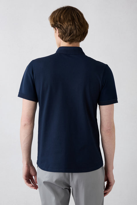 Koyu Lacivert Kıvrılmaz Polo Yaka Slim Fit Dar Kesim Ribana Detaylı Pamuk Tişört