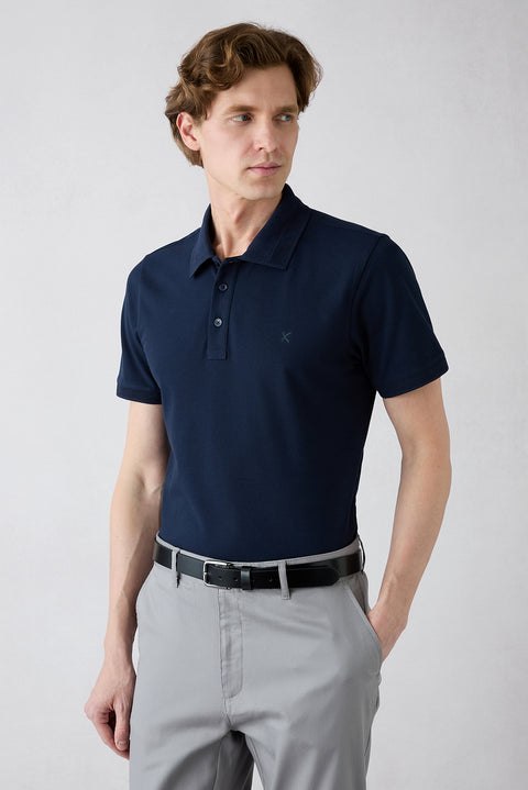 Koyu Lacivert Kıvrılmaz Polo Yaka Slim Fit Dar Kesim Ribana Detaylı Pamuk Tişört