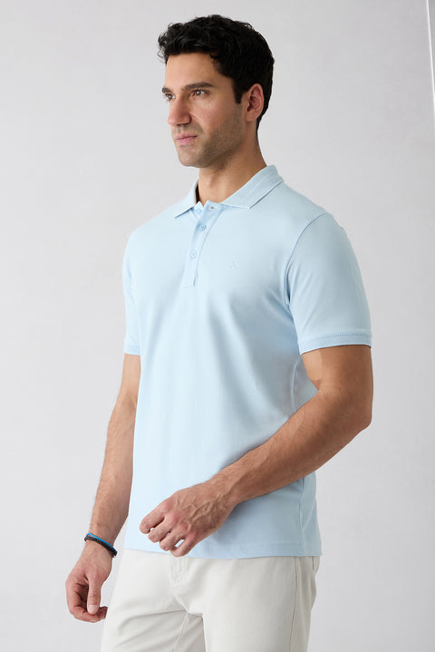 Açık Mavi Kıvrılmaz Polo Yaka Slim Fit Dar Kesim Ribana Detaylı Pamuk Tişört
