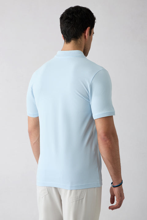 Açık Mavi Kıvrılmaz Polo Yaka Slim Fit Dar Kesim Ribana Detaylı Pamuk Tişört