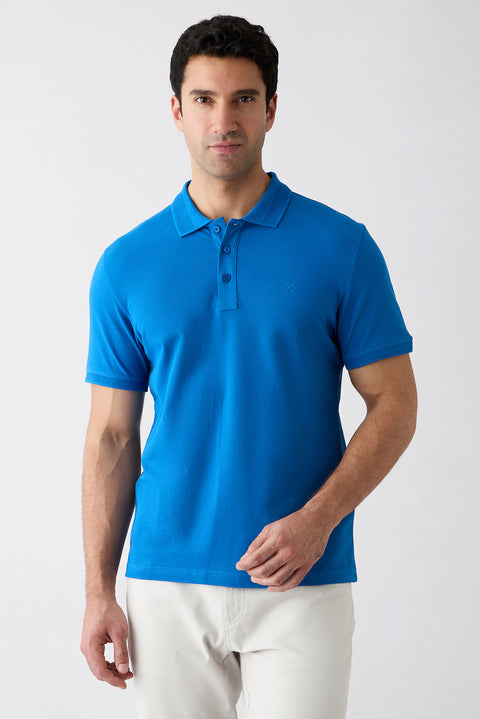 Navy Non-Curl Polo Collar Slim Fit Ribbed Detail Cotton T-Shirt