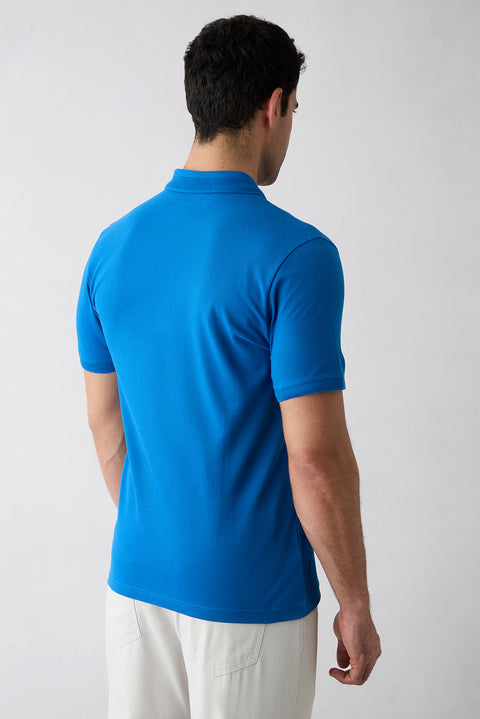 Navy Non-Curl Polo Collar Slim Fit Ribbed Detail Cotton T-Shirt