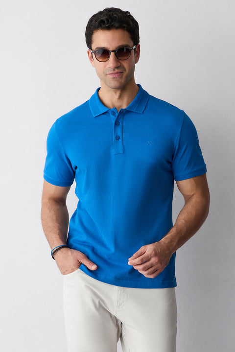 Navy Non-Curl Polo Collar Slim Fit Ribbed Detail Cotton T-Shirt