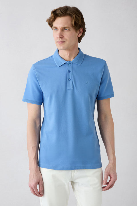 Havacı Mavi Kıvrılmaz Polo Yaka Slim Fit Dar Kesim Ribana Detaylı Pamuk Tişört