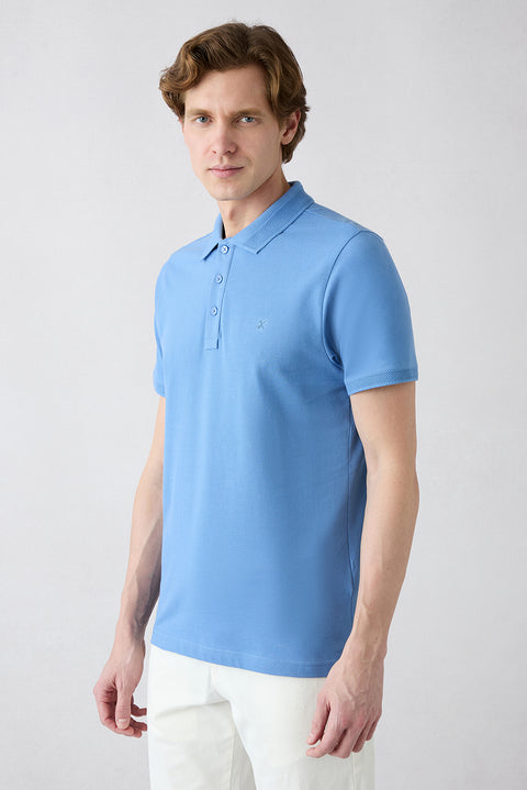 Havacı Mavi Kıvrılmaz Polo Yaka Slim Fit Dar Kesim Ribana Detaylı Pamuk Tişört