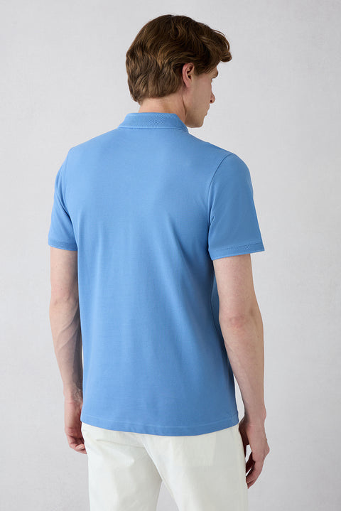 Havacı Mavi Kıvrılmaz Polo Yaka Slim Fit Dar Kesim Ribana Detaylı Pamuk Tişört