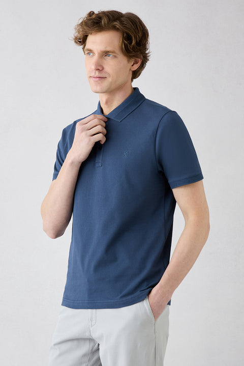 İndigo Kıvrılmaz Polo Yaka Slim Fit Dar Kesim Ribana Detaylı Pamuk Tişört