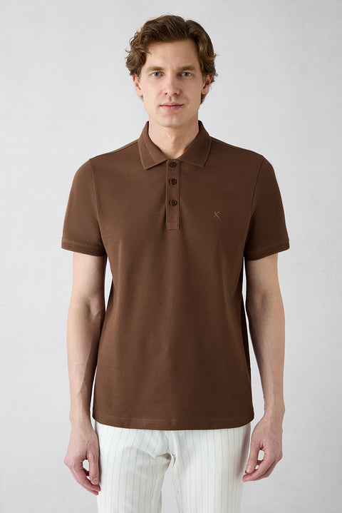 Orta Kahve Kıvrılmaz Polo Yaka Slim Fit Dar Kesim Ribana Detaylı Pamuk Tişört