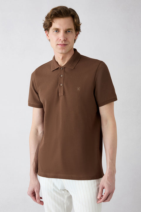 Orta Kahve Kıvrılmaz Polo Yaka Slim Fit Dar Kesim Ribana Detaylı Pamuk Tişört