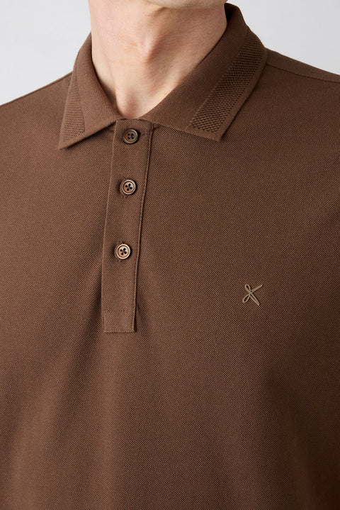 Orta Kahve Kıvrılmaz Polo Yaka Slim Fit Dar Kesim Ribana Detaylı Pamuk Tişört