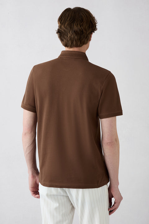 Orta Kahve Kıvrılmaz Polo Yaka Slim Fit Dar Kesim Ribana Detaylı Pamuk Tişört