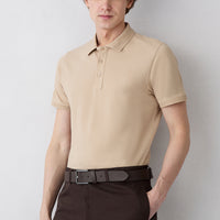 Mid Beige Non-Curling Polo Collar Slim Fit Narrow Cut Ribbed Detail Cotton T-Shirt