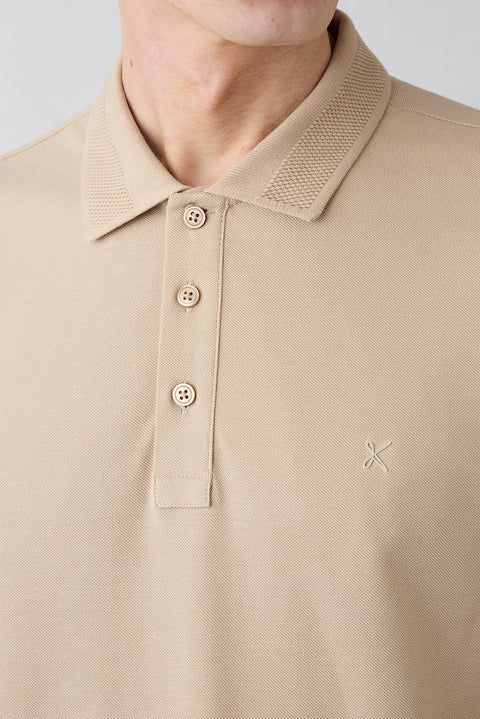 Mid Beige Non-Curling Polo Collar Slim Fit Narrow Cut Ribbed Detail Cotton T-Shirt
